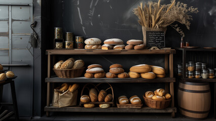 Fototapeta premium Vintage Aromas: Breads on a Shabby Stand in an Old Bakery