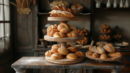 Vintage Aromas: Breads on a Shabby Stand in an Old Bakery