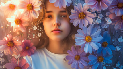 Portrait of young girl with spring flowers emerging into the soft spotty sun light