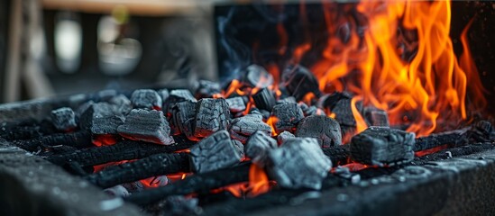 A close up photo of a gas barbecue grill with fiery coals and flames, creating a vibrant and dynamic image of outdoor cooking as an art form.