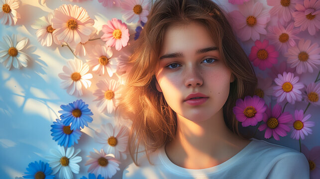 Portrait of teenage girl with spring flowers emerging into the soft spotty sun light