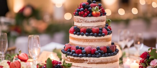Table with a wedding cake in three tiers, adorned with berries like strawberries and blueberries.
