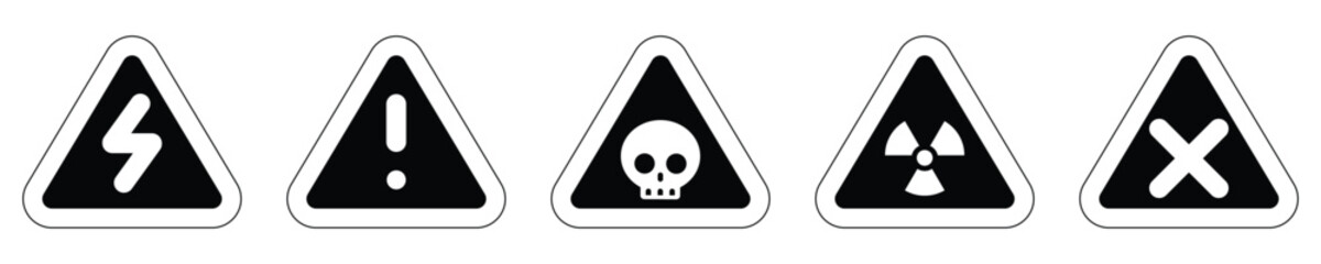 set attention outline triangle sign warning electric alert radioactive crossing stop traffic symbol caution hazard danger badge road mark vector flat design for web mobile isolated white Background
