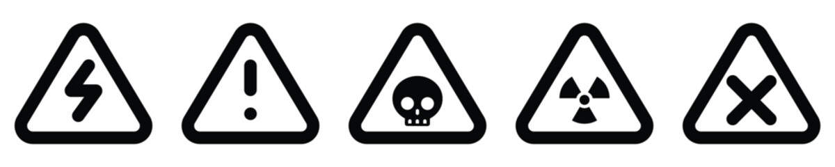 set attention triangle sign warning electric alert radioactive crossing stop traffic symbol caution hazard danger badge road mark vector flat design for web mobile isolated white Background