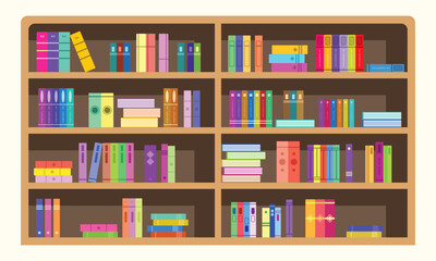 Bookshelf with colorful books flat vector illustration. Different kind of books collection in shelf with partition. Big book rack illustration. Suitable for library, study, or learning related design.