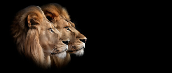 Lion Head, Regal Majesty King : Lions of Judah Profile Portrait on Black Background, Symbolizing Strength and Power, Bonded Pair. 