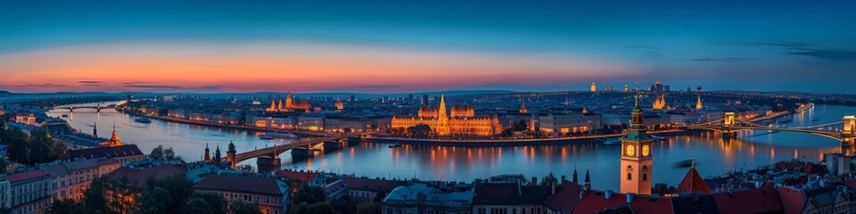 Fototapeta na wymiar Historic city panorama at twilight, with illuminated landmarks against a deep blue sky
