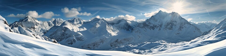 Obraz premium Snow-covered alpine panorama, with towering peaks and a serene winter landscape