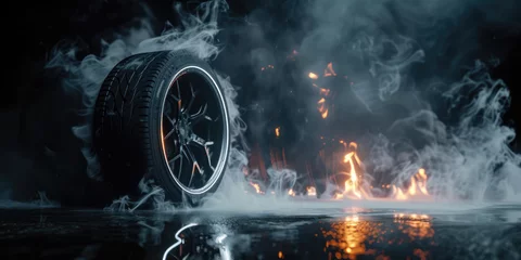 Deurstickers Burnout tire flames and smoke, drifting wheels concept art, highs speed wheel on fire © AdamantiumStock
