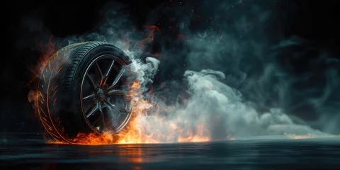 Foto op Canvas Burnout tire flames and smoke, drifting wheels concept art, highs speed wheel on fire © AdamantiumStock