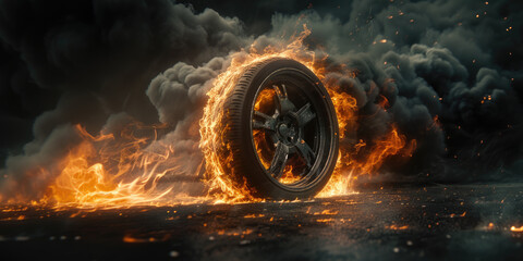 Burnout tire flames and smoke, drifting wheels concept art, highs speed wheel on fire