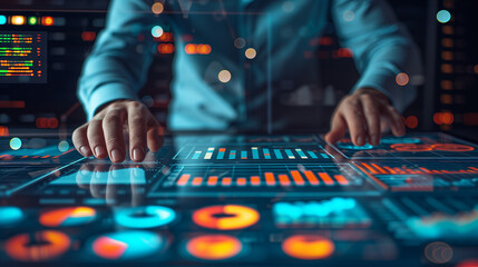 Business analysis, modern technology concept. Businessman, analyzing business data on digital tablet and laptop computer in office with augmented reality analytics computer dashboard on virtual screen