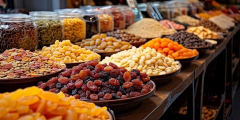 Snacks, dried fruits, and candies sold at a food market, Generative AI 