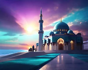 Tuinposter Illustration of a beautiful mosque at dusk with sunset and light beams, shades of turquoise blue and deep purple © BrotherGrounds