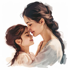  Watercolor illustration of mother and daughter   lovingly embracing . Love between mother and daughter. Motherhood concept. Mother's Day celebration.