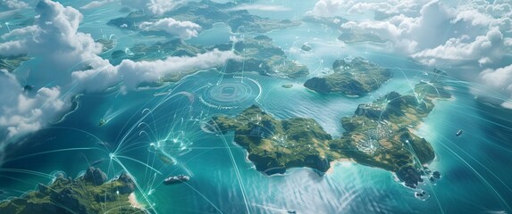 Aerial Photograph Showcasing Advanced Holographic Connections - Linking Islands through Global Communication Infrastructure