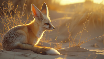 Fototapeta premium Desert Whisper: A Fennec Fox’s Journey Across the Sands