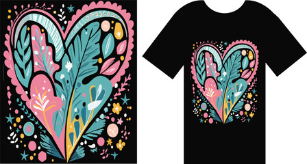 captivating t-shirt design presenting a heart-shaped arrangement of vibrant leaves and flowers in a colorful display