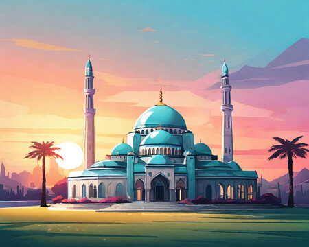 Illustration of a beautiful mosque in landscape view