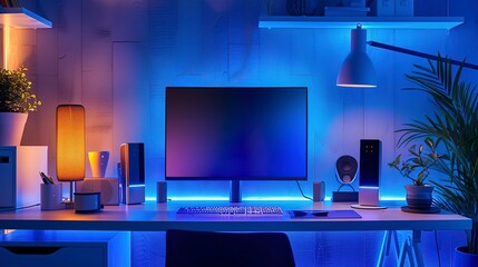 A smart home office setup, where AI assistants optimize lighting, temperature, and schedule management for peak productivity