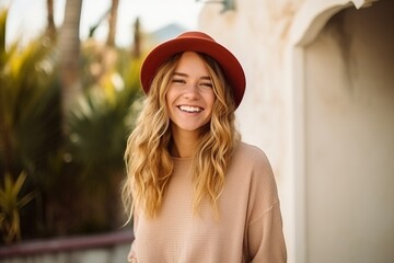 Portrait of a beautiful young woman wearing hat and sweater smiling outdoors