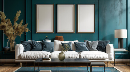 Elegant Living Room Interior with Velvet Sofa and Blank Frames on Teal Wall