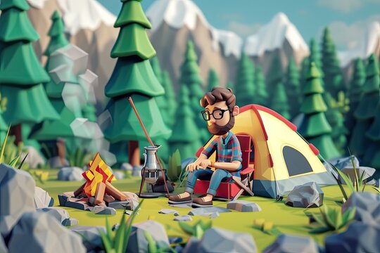 A 3d man camping, asset game, in the style of texture-rich landscapes, cute cartoonish designs, clean and streamlined, subtle gradients, grid-based, captivating