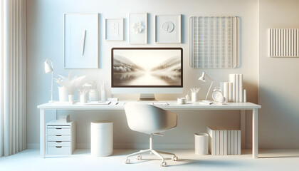 depicting a sleek, minimalist work desk setting adorned with pristine white-tone work equipment in a serene ambiance