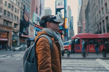 Fototapeta premium Person with VR headset against city buildings