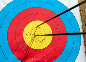 Many arrows hitting the archery target, bulls eye