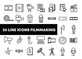 Set of filmmaking line icons. Movie, cinema, video, production, ticket, camera, reel, filmstrip, film icons. Vector illustration