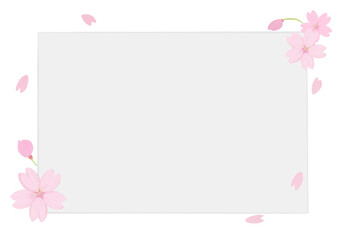 桜の花びらが舞うフレーム、アナログ手描き風味、コピースペース有り、メッセージカード、横