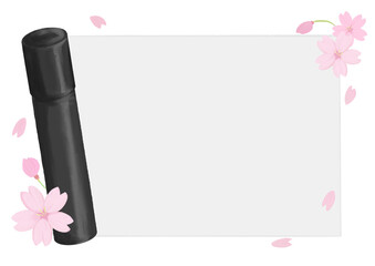 桜と卒業証書入れのフレーム、アナログ手描き風味、コピースペース有り、メッセージカード、横