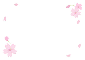 桜の花びらが舞うフレーム、アナログ手描き風味、コピースペース有り、メッセージカード、横