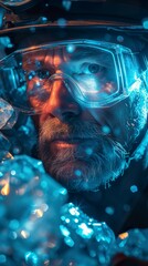 A diamond miner in a detailed close-up with a face marked by hard work and determination. Look like a diamond miner in a mix of hope and perseverance.