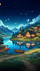 Fototapeta premium landscape of beautiful village with lake, mountains and wooden boat