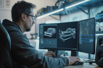Innovative Engineering: Technician Creating New CAD Component on Dual-Monitor Personal Computer Setup