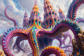 Alien planet with large organic cephalopod alien structures, science fiction, landscape, concept art