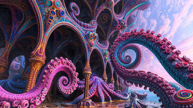 Alien octopoid design structure, fortress, tentacles and suckers, science fiction, landscape, concept art