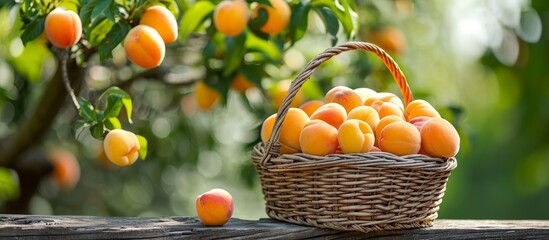 Summer orchard with ripe apricots in a small wicker basket on a wooden terrace railing.