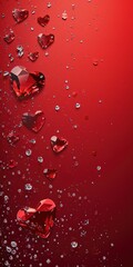 Red crystalline hearts on red background with sparkles.