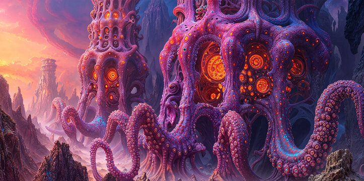 Large octopoid alien structures, science fiction landscape, concept art