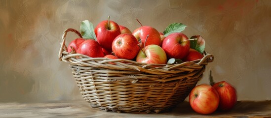 Wattled basket brimming with luscious, ripe apples.