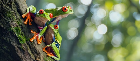 Vibrant Red-Eyed Tree Frog and Green Tree Frog Perched on a Majestic Tree