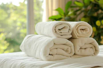 Stack of beige clean towels on bed hotel room.