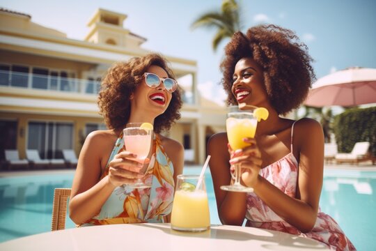 Friends enjoying cocktails at a sunny poolside - Powered by Adobe