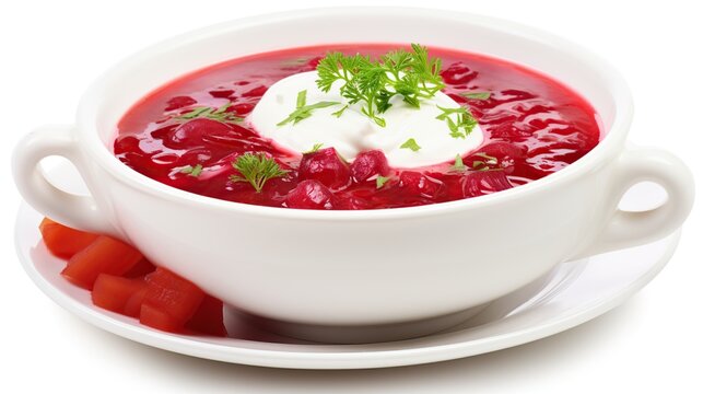 Savor the Flavor: Traditional Borscht with a Generous Dollop of Sour Cream on a Crisp White Background.
