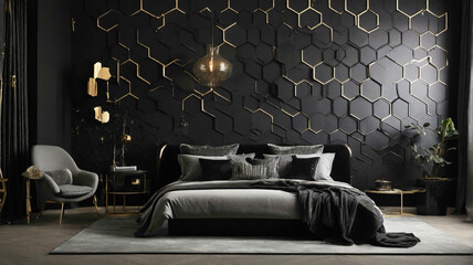 black  hexagonal background with  3d lines and lathing on the background in the back wall of the interior 