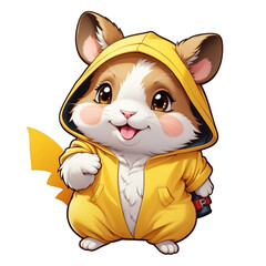 Cartoon hamster in a yellow jacket and hoodie