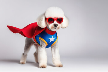 Cute dog in a superhero costume at gray background. Superhero concept.